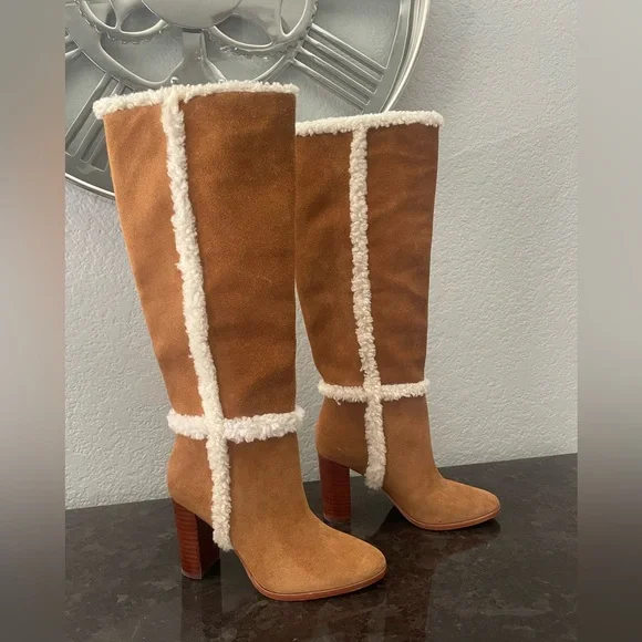 NWOB LAUREN Ralph Lauren Brown Suede Knee-High Boots w/Cream Shearling Trim 5.5B - Picture 2 of 11